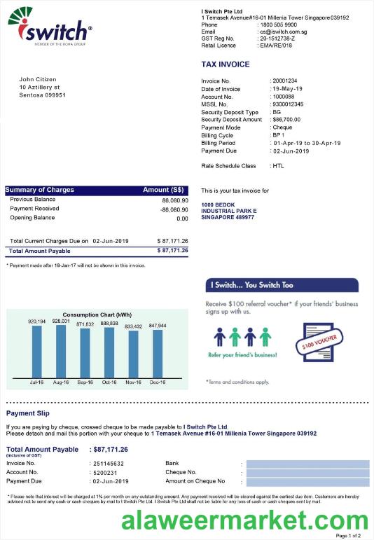 Singapore Iswitch energy utility bill template, fully editable in PSD format